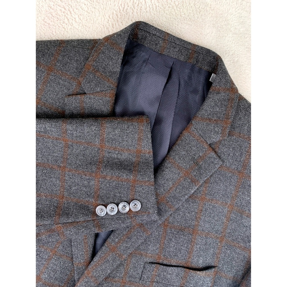 Michael Kors Blazer Mens 48R Gray Brown Windowpane Plaid 100% Wool Leather Trim‎